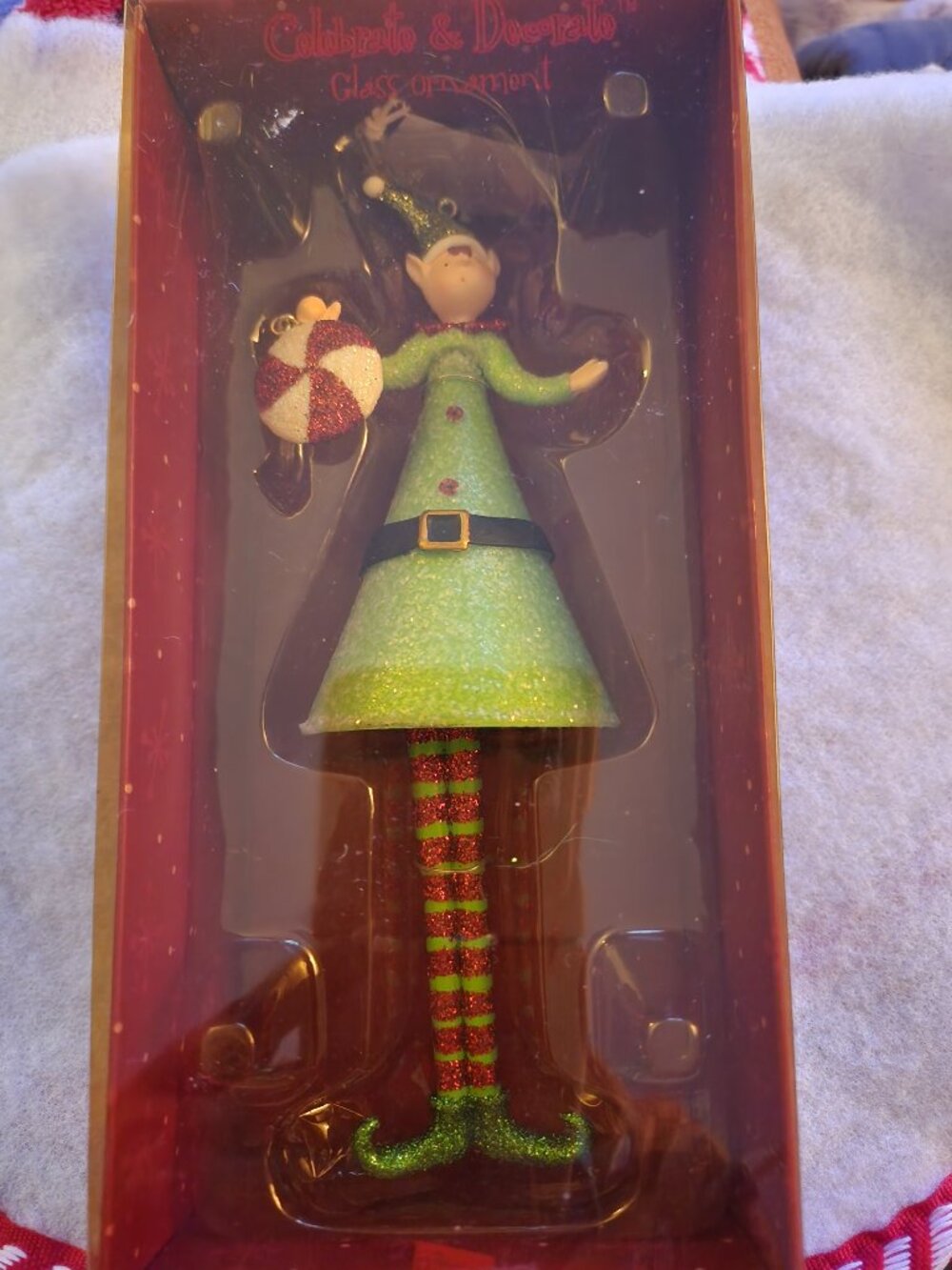 NIB CELEBRATE AND DECORATE GLASS LONG LEGGED ELF